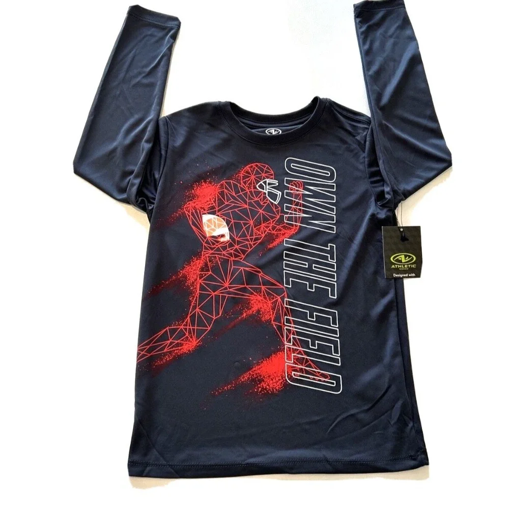 Athletic Works Boy S 6-7 Long Sleeve Graphic Tee Own The Field Grey Football NWT